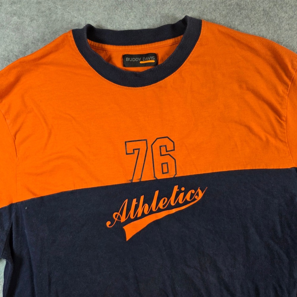 Buddy Davis Mens 76 Athletics Long Sleeve T-Shirt Orange Navy Blue XL